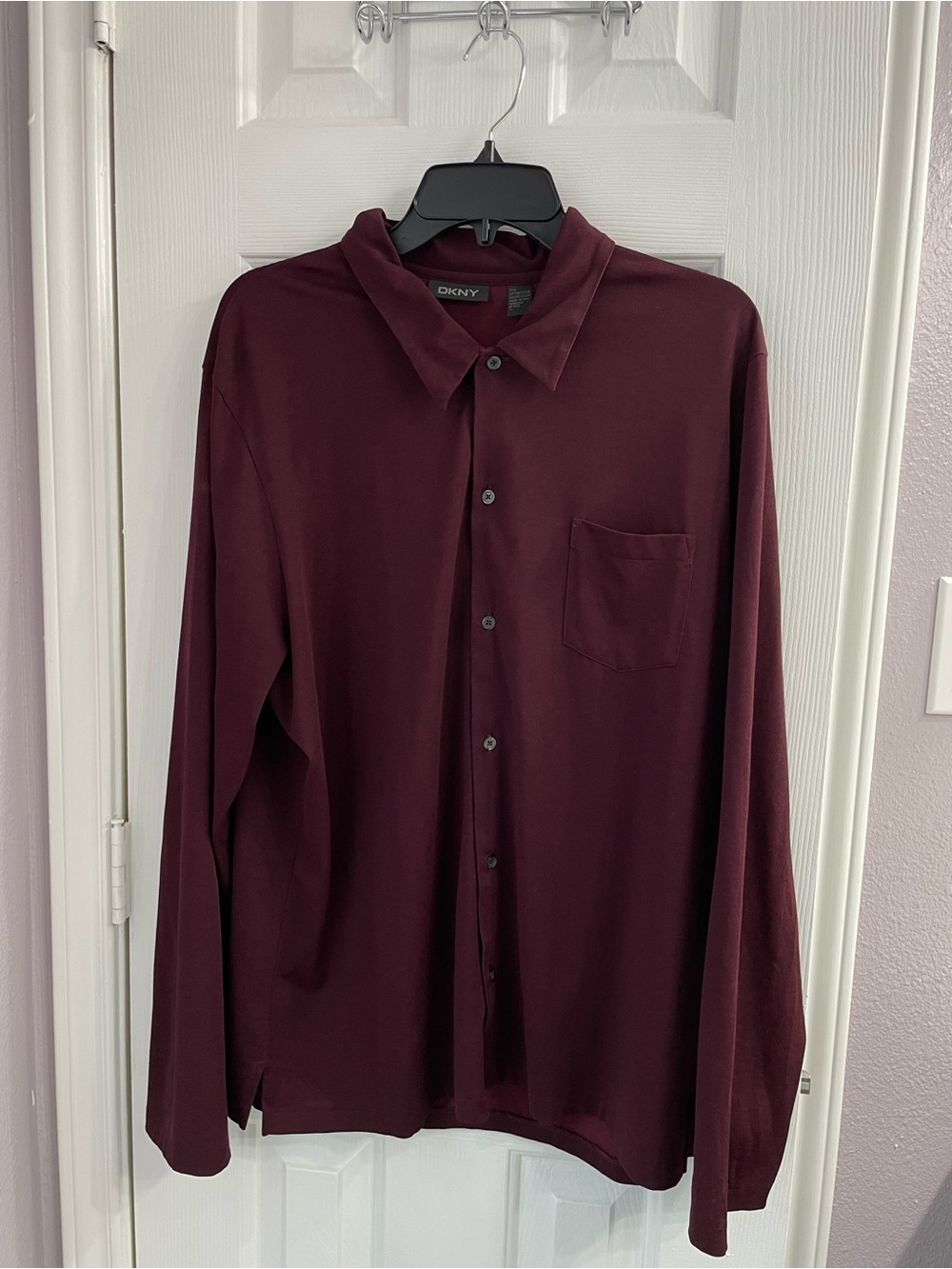 DKNY Men's Button-Down Cotton Blend Shirt Burgundy Y2K Straight Hem Pocket XL